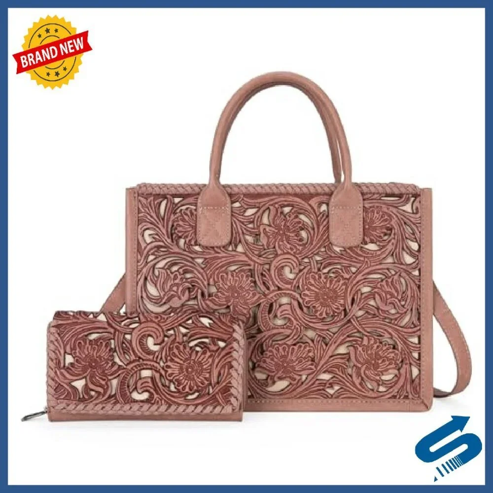 Genuine Leather Tote Bag with Detachable Crossbody Strap & Wallet Set - Picture 2 of 8